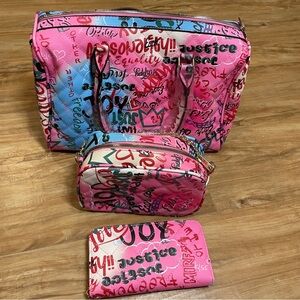 Vegan & Lead Free Quilted Pink Graffiti 3 Bag Set, Boston, Crossbody, & Wallet